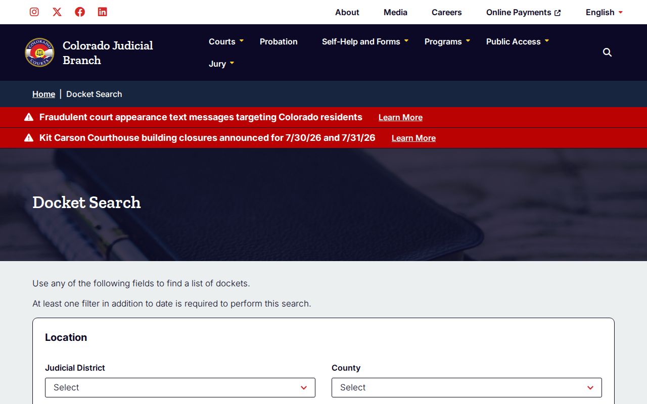 Gilpin County Court records docket search page