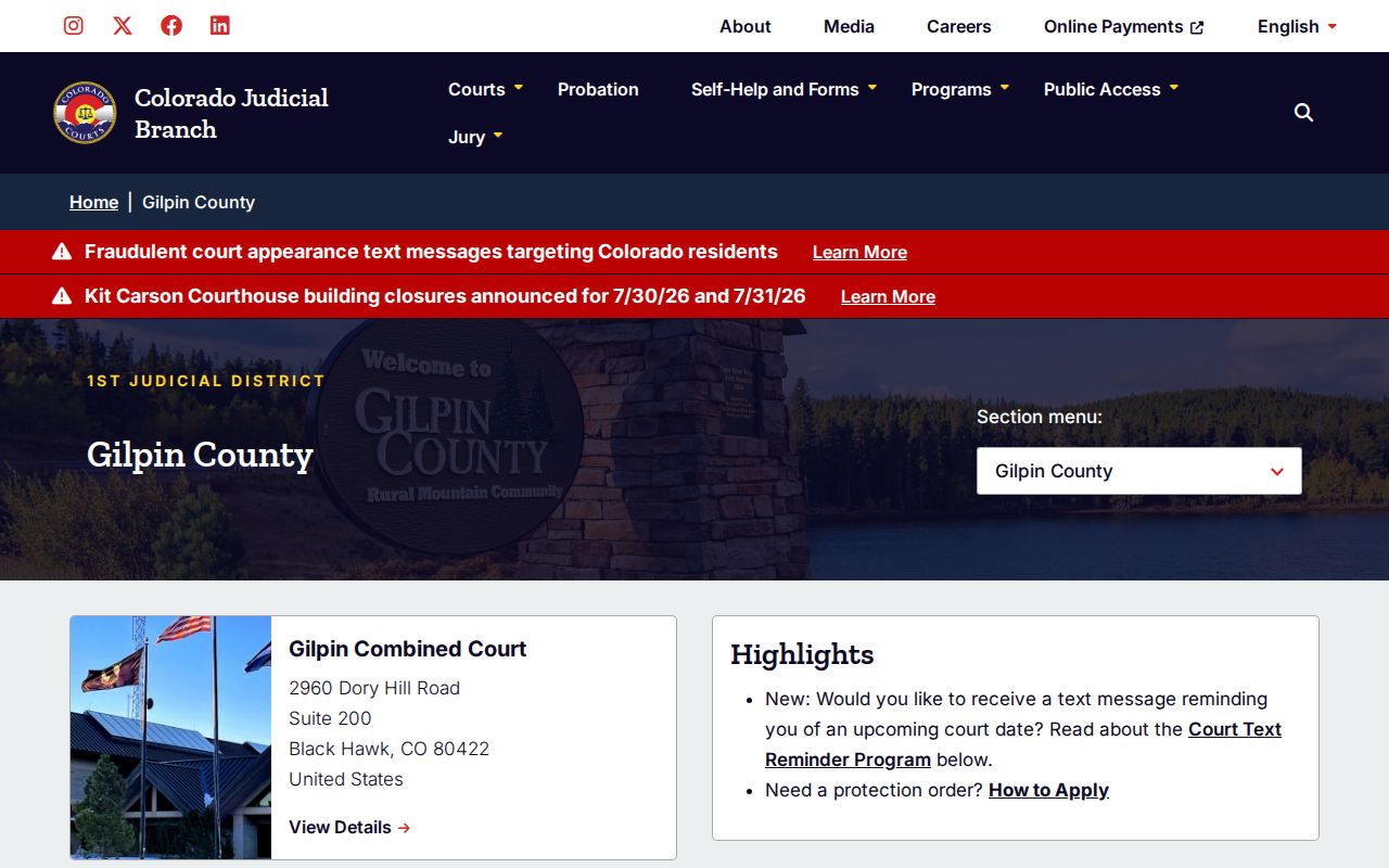 Gilpin County Court records judicial branch landing page